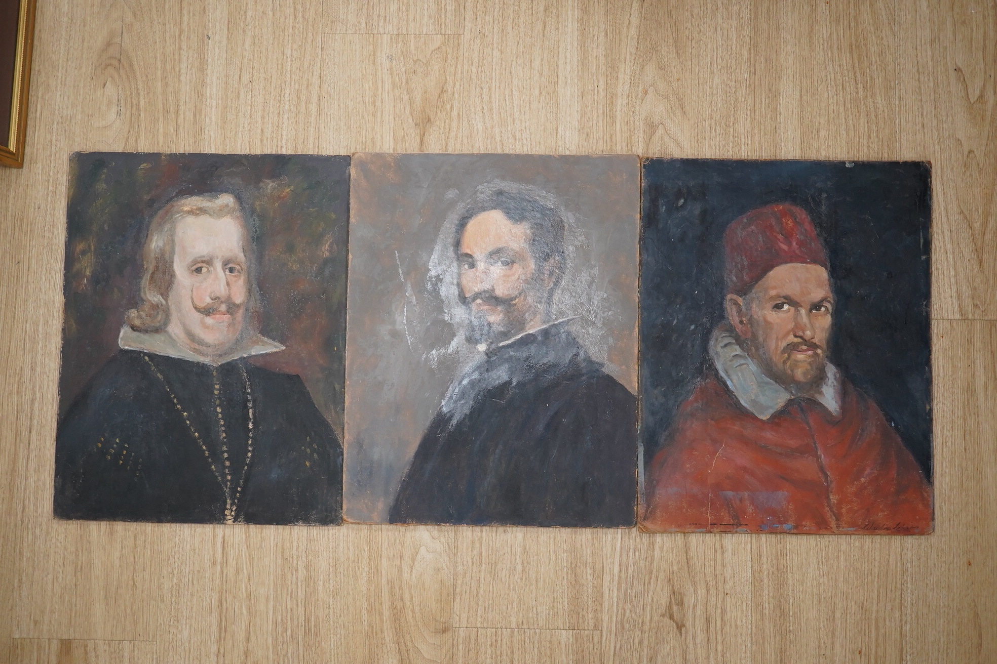 Ernest Waldron West (1904-1994), three oils on board/cardboard, Portraits of historical figures comprising Pope Innocent X, Velazquez and Philip IV of Spain, one signed, each 46 x 36cm, unframed. Condition - fair